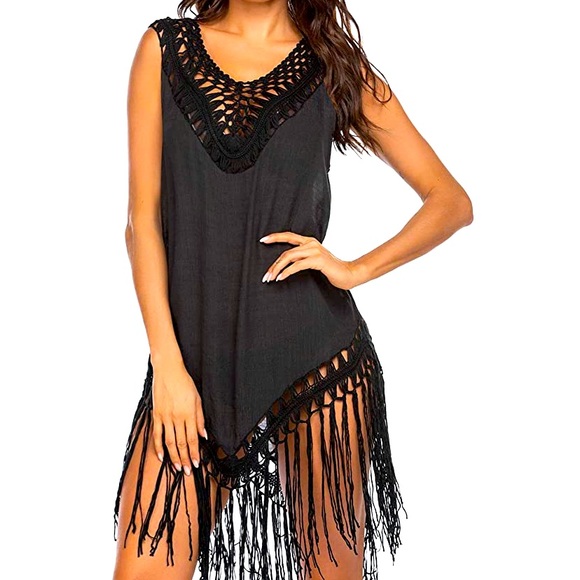 🖤Black Fringe Tassel Swim Coverup Dress🖤 - Picture 1 of 6